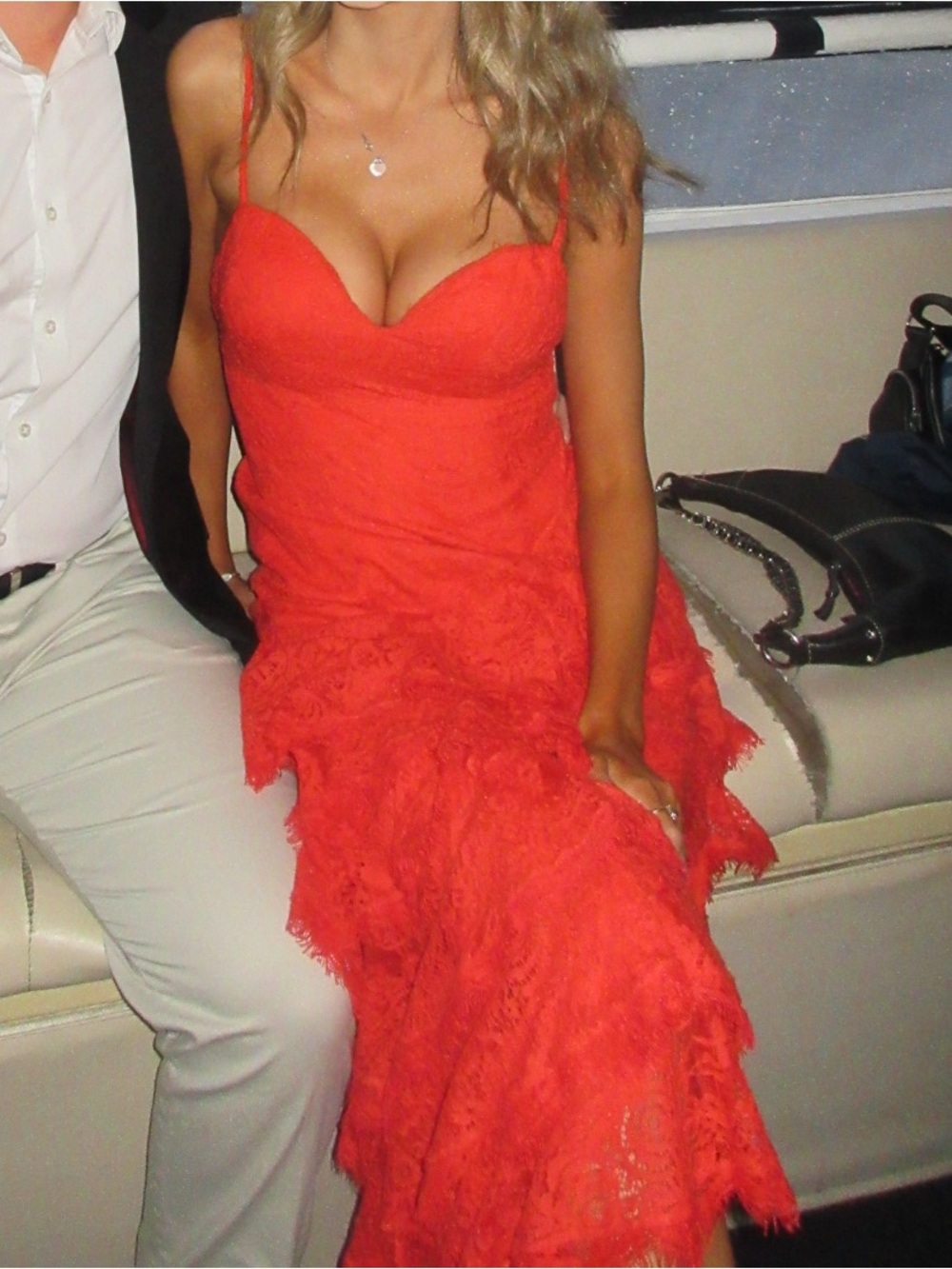 Majorelle ruffle red orange lace midi dress with push up built in